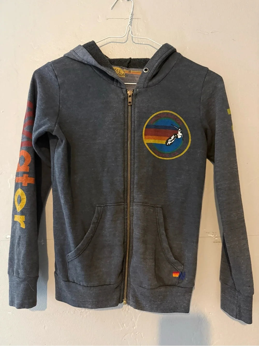 Aviator Nation Kids' Venice Charcoal Zip Hoodie with Rainbow Patch